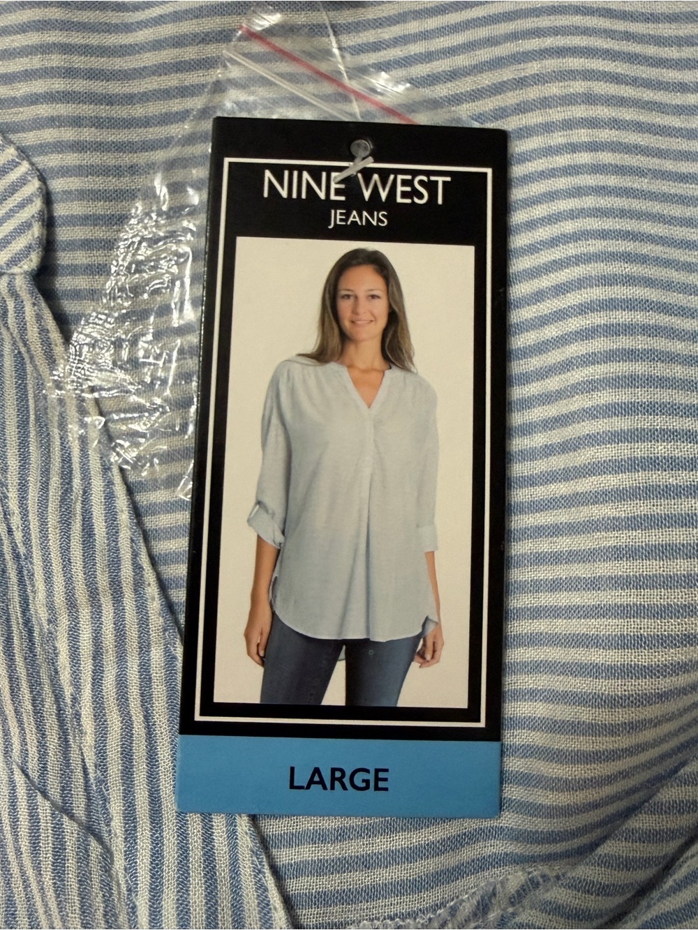 Nine West Light Blue & White Striped Casual Button-Front Shirt - Picture 9 of 10